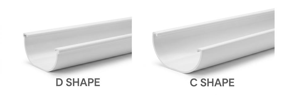 White PVC gutters in D-shape and C-shape profiles